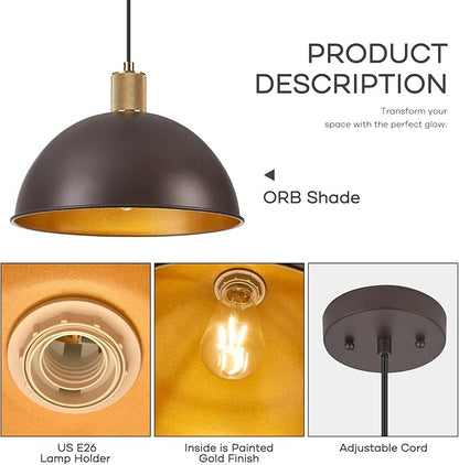 12 Inch Oil Rubbed Bronze Dome Pendant Lights 2 Pack for Kitchen Island, Height Adjustable Farmhouse Industrial Hanging Light Fixtures Over Table for Dining Room, Entryway
