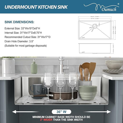 Undermount Kitchen Sink - 33 inch Undermount Kitchen Sink 16 Gauge Stainless Steel Sinks with Round Corner Handmade Single Bowl Under Counter Basin for Kitchens, 33"x19"x9"