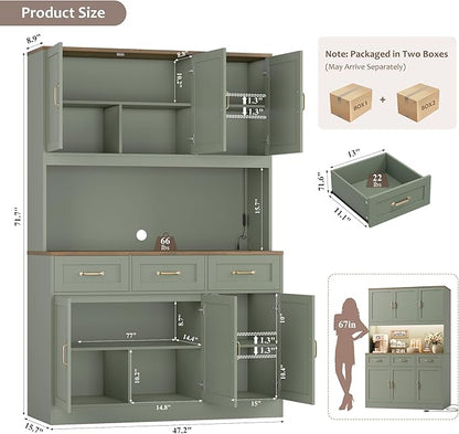 HOSTACK 72" Tall Kitchen Pantry Cabinet with Charing Station | LED Lights, 47" W Kitchen Pantry Storage Cabinet with Countertop, Modern Kitchens Hutch Cabinets with Storage for Dining Room, Green