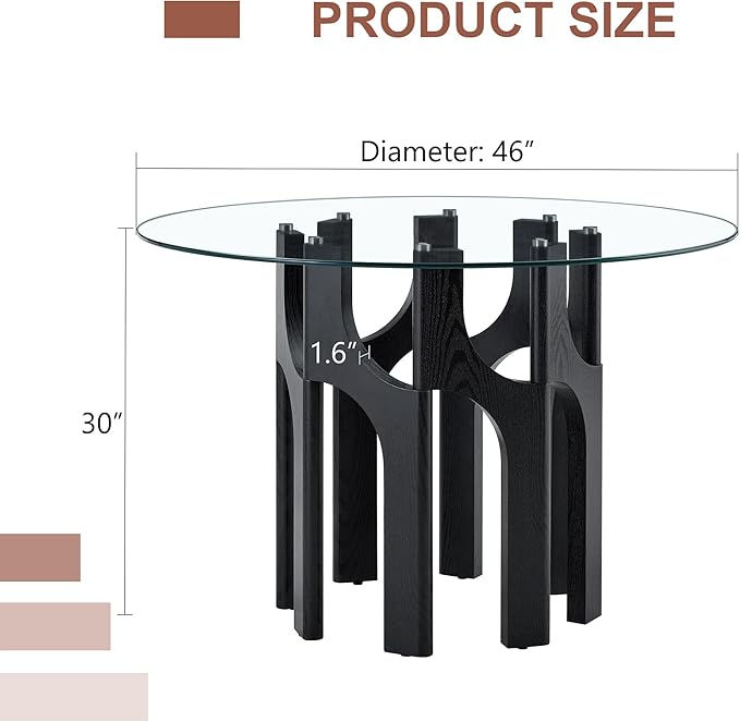 Glass Round Dining Table for 4 6 Person, 46 Inch Glass Kitchen Dining Room Table with Wooden Black Pedestal Base,Modern Circle Clear Glass Top Dinner Table for Small Spaces Home/Apartment
