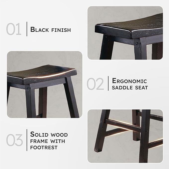 Lexicon Finnian Saddle Solid Wood Counter Height Stool Set of 2 - Saddle Kitchen Stool Dining Height Stools for Dining, Armless Counter Chair Seating, Perfect Casual - 23.5" SH Black Sand