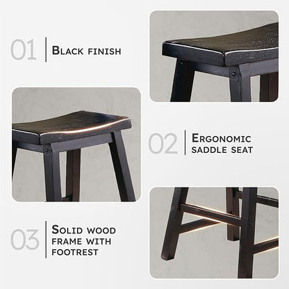 Lexicon Finnian Saddle Solid Wood Counter Height Stool Set of 2 - Saddle Kitchen Stool Dining Height Stools for Dining, Armless Counter Chair Seating, Perfect Casual - 23.5" SH Black Sand