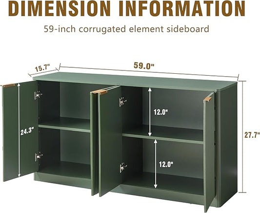Ball & Cast 59" Modern Fluted Sideboard Buffet Cabinet with Storage,Curved Design Kitchen Coffee Bar Cabinet with 4 Doors & Shelves,Wood Credenza Cabinets Media Console for Living Room,Green