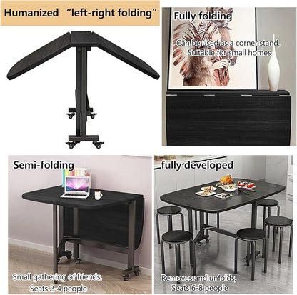 Multifunction Expandable Folding Table, Drop Leaf Dining Table with 6Wheels, Wooden Foldable Kitchen Table, Multifunction Expandable Folding Table for Small Spaces Kitchen, Bedroom, Living Room, black