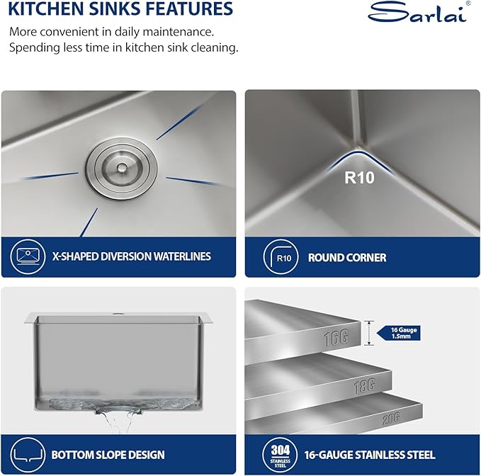Sarlai Drop In Kitchen Sink 18 Inch Bar Sink Small Drop In Workstation 18x18 Inch Topmount Stainless Steel 16 Gauge Single Bowl Bar Prep RV Outdoor Sinks Basin with Assessories