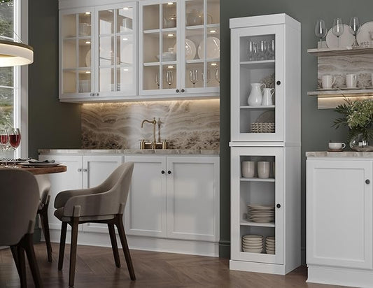 Palace Imports Solid Wood Kitchen Pantry Cabinet w/Glass Doors - Narrow Storage Cabinet - 16.5" Wide x 71.5" Tall - White, Adjustable Shelves, 100% Eco-Friendly Wood, Modular Cabinets