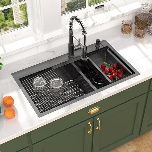 36 Inch Double Bowl Kitchen Sinks with Faucet - 36x19 Drop In Workstation All-In One Gunmetal Black Kitchen Sink Topmount Stainless Steel 16 Gauge Double Bowl 60/40 Split Sinks #TL-FDOE00101