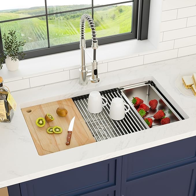 32 x 19 Inch Undermount Kitchen Sink Workstation 16 Gauge Stainless Steel Handmade Sink Round Corners Single Bowl Large Deep Under Counter Kitchen Sinks Basin, 32"x19"x9"