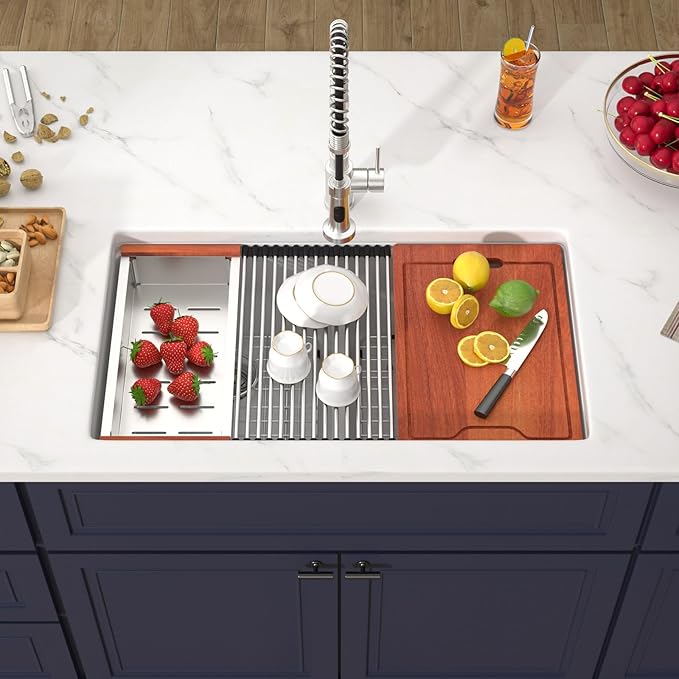 33 Inch Undermount White Granite Composite Kitchen Sink Under Counter Quartz Double Bowl Sink Workstation Sinks with Accessories Quick Drain Noise Reduction Home Renovation Classic Style