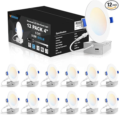 VOLISUN 12 Pack 4 inch Recessed Lighting, 5CCT LED Recessed Light with Junction Box, 2700K-5000K Selectable, 9.5W Eqv 80W, 810LM Dimmable Canless Wafer Downlight, LED Ceiling Light ETL Certificated