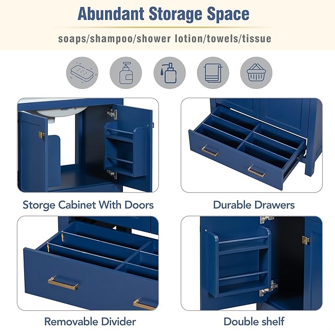 GDFStudio 30" Bathroom Vanity Sink Combo with 1 Drawers & 2 Soft Closing Doors Floor Mount Freestanding Wood Bathroom Storage Cabinet Set with Ceramic Basin Sink Top for Small Bathroom Space, Blue