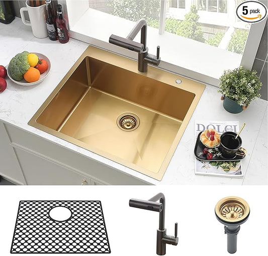 20 Inch Gold Drop In Kitchen Sink-Brovy 20x16 Gold Kitchen Sink Drop In with Faucet Combo Small Outdoor Rv 18 Gauge Stainless Steel Top Mount Single Bowl Wet Bar Sinks with Mat&Drainer