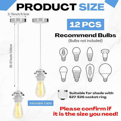 12 Pack Industrial Mini Pendant Light Kit Bulk, UL E26/E27 Lamp Socket 3.28 ft Adjustable Hanging Light Cord Kit Edison Vintage Retro Ceiling Lamp Fixture for Kitchen Bar Decor(Sliver)