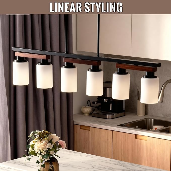 6-Light Kitchen Island Lighting & Farmhouse Dining Room Light Fixtures Over Table, Rustic Wood Linear Chandelier Adjustable Ceiling Hanging Pendant - Rotating Design, Customizable Shapes, Milk Glass
