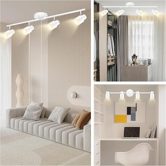 BoostArea LED 4 Light Track Lighting Kit,4 Way Modern Ceiling Lighting, Flexibly Rotatable Industrial Spot Light Head for Kitchen, Living Room, Bedroom, White,GU10 Bulb Not Included