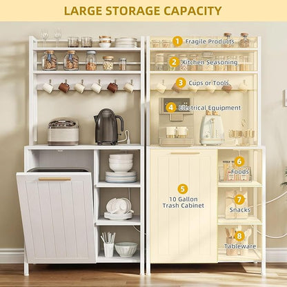 YITAHOME White 6-Tier Pantry Cabinet with Storage, Trash Can Bin & Power Outlets, Large Freestanding Microwave Table for Coffee Bar, Kitchen & Dining Room, Bakers Rack with Charging Station