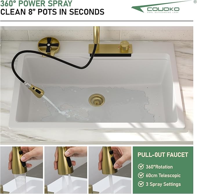 33x22 Drop In Waterfall Kitchen Sink White Granite Composite Smart Kitchen Sink Multifunction Single Bowl Top Mount White Multifunctional Waterfall Smart Sinks with Faucet Combo Glass Rinser