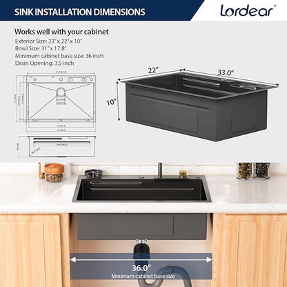 Lordear Waterfall Sink 33 Inch Gunmetal Black Drop In Kitchen Sink 16 Gauge 33x22 Workstation Stainless Steel Single Bowl 33x22x10 Inch With Pull Out Faucet Set, Integranted Control Temp & Functions