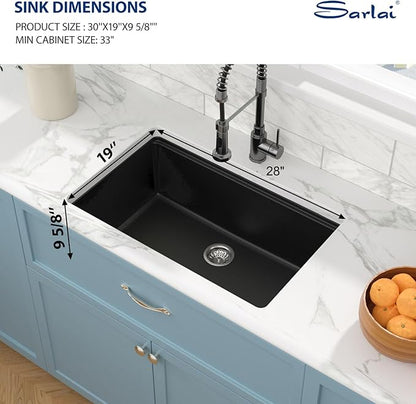 Sarlai 28 Black Kitchen Sink Granite Composite - 28 x 19 inch Kitchen Sink Undermount Matte Black Granite Composite Quartz Single Bowl Under Counter Ledge Workstation Kitchen Sinks Basin