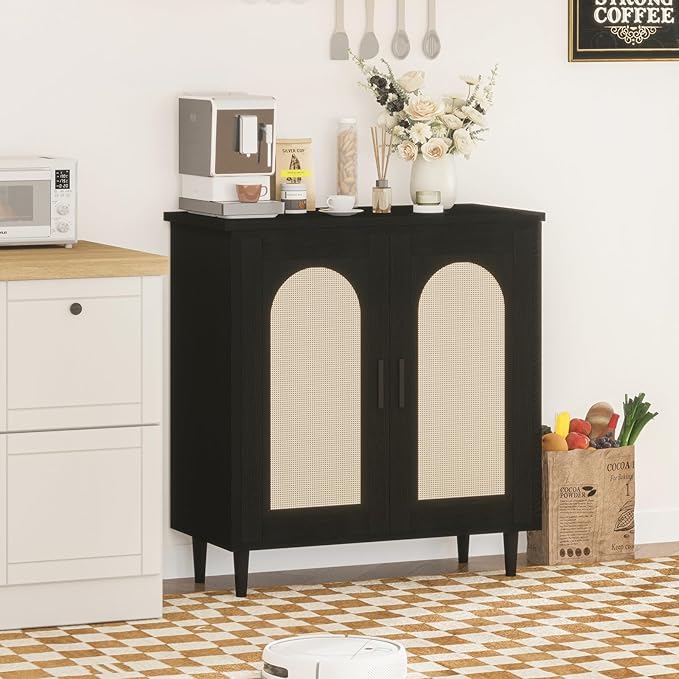 GarveeHome Sideboard Buffet Kitchen Storage Cabinet with Rattan, Solid Wood Feet for Living Room, Hallway, Entryway, Cabinet with Ample Storage Space(1PCS)