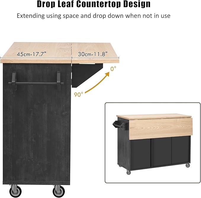51.2"W Geometric Twill Stripe Textured Design Island with Drop Leaf, Farmhouse Kitchen Cart on Wheels with Internal Storage Rack, Rolling Kitchen Cart with Towel Rack (Black@044)