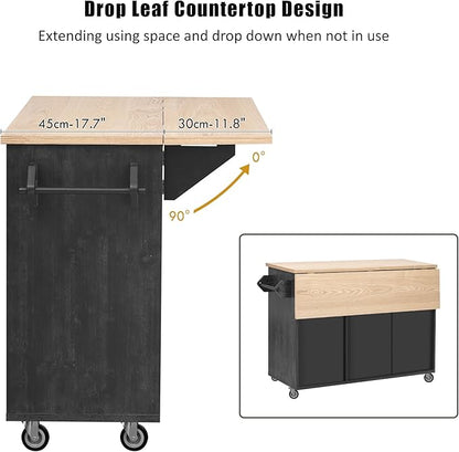 51.2"W Geometric Twill Stripe Textured Design Island with Drop Leaf, Farmhouse Kitchen Cart on Wheels with Internal Storage Rack, Rolling Kitchen Cart with Towel Rack (Black@044)