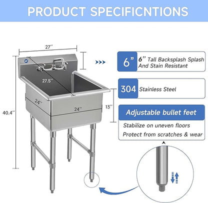 ROCKPOINT Stainless Steel Prep & Utility Sink with 8" Faucet, 1 Compartment Commercial Handmade Sink with 24" D x 24" W x 13" H Bowl for Restaurant,Kitchen,Laundry,Hotel and Home