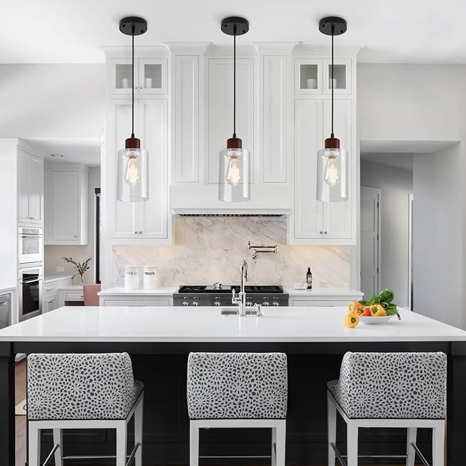 Modern Wood Pendant Lighting for Kitchen Island, Farmhouse Pendant Light Fixtures 2 Pack, Adjustable Hanging Ceiling Light with Clear Glass Shade