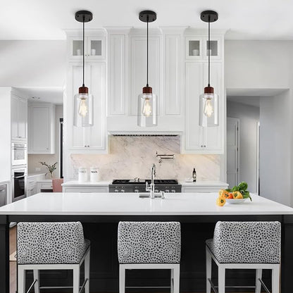 Modern Industrial Pendant Light, 3 Pack Mini Pendant Lighting with Clear Glass Shade, Adjustable Height, Rustic Wood Finish Ceiling Hanging Light Fixture for Kitchen Island Dining Room Bedroom