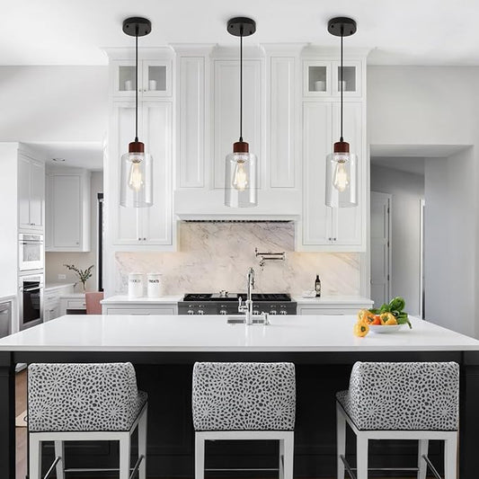 Modern Industrial Pendant Light, 3 Pack Mini Pendant Lighting with Clear Glass Shade, Adjustable Height, Rustic Wood Finish Ceiling Hanging Light Fixture for Kitchen Island Dining Room Bedroom