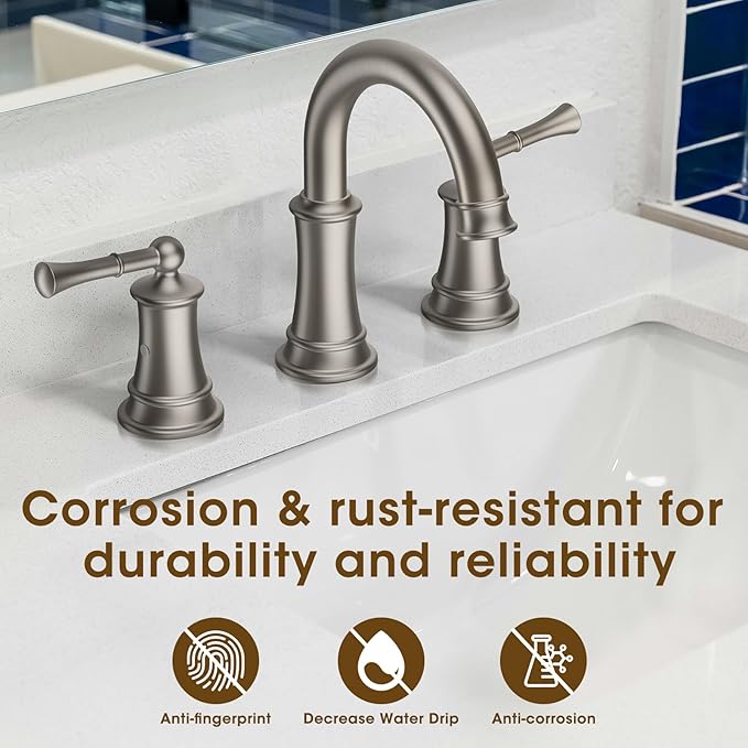 Classic Brushed Nickel Bathroom Faucet, 360° Rotatable Spout, 2 Handles, 3 Hole Widespread, Pop Up Drain & Supply Lines Included, Antique Style (L2304-BN)