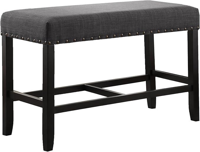 Grey Fabric Counter Height Dining Bench with Nailhead Trim, Ideal for Kitchen Islands and Dining Areas, Sturdy Construction and Easy Assembly Included