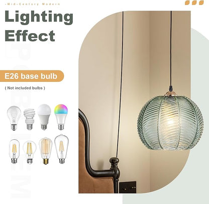 Plug in Pendant Light Set of 2, 8.6" Hand Blown Ribbed Glass Hanging Lamp, Mid Century Modern Ceiling Hanging Lights with Cord for Bedroom, Dining Room, Kitchen