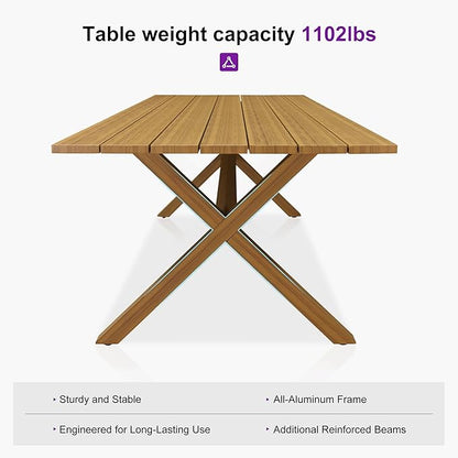 PURPLE LEAF Outdoor Dining Set with Waterproof Furniture Cover 7-Piece All-Weather Patio Set for 6 with Woodgrain Aluminum Table Rope Weave Chairs and Cushions, Teak