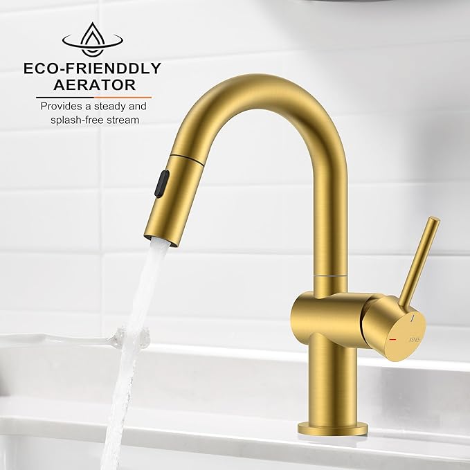 KENES Brushed Gold Single Handle Bathroom Faucet with Pull Out Sprayer, Pull Down Bathroom Sink Faucet with Sprayer, Vanity Bar Faucet with Pop Up Drain & Deck Plate, KE-9065B-4