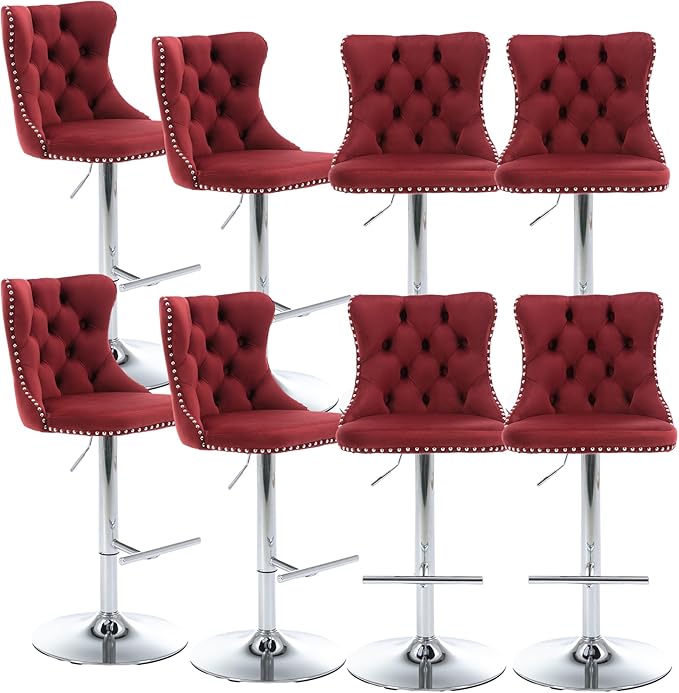 Rhomtree Velvet Swivel Bar Stools with Button Tufted Back and Pull Ring Height Adjustable Barstools 25-33 Inch for Home Pub and Kitchen Island (Burgundy with Silver Base, Set of 8)
