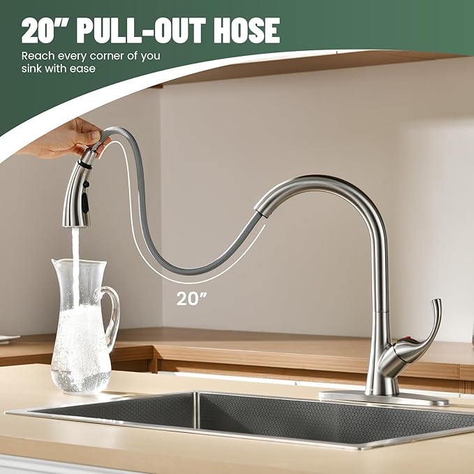 APPASO Brushed Nickel Kitchen Faucet with Pull Down Sprayer, 3-Function Spray Head, 360° Swivel, 20-Inch Hose, Single Handle High Arc Sink Faucet with Deck Plate for 1-3 Hole Sink, Unique Design