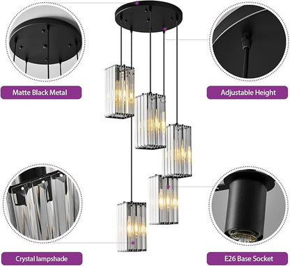 Modern Pendant Light Black Rectangle Pendant Lighting Mini Crystal Chandeliers Adjustable Pendant Light Fixture for Kitchen Island Dinning Room Living Room Corridor Bedroom(Black 5-Light)