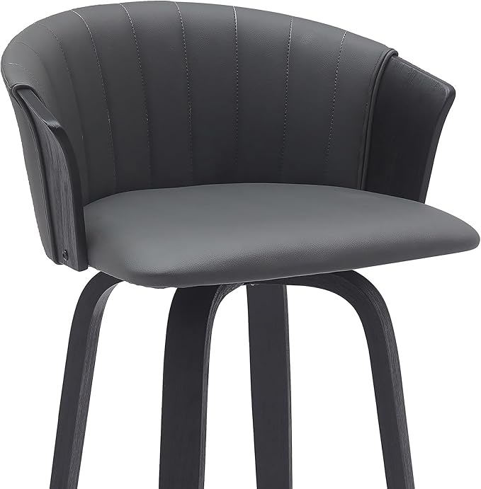 Armen Living Diana 26" Seat Height Mid Century Modern Swivel Black Wood Bar Stool for Kitchen Island Counter in Gray Faux Leather
