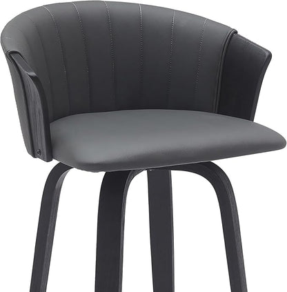 Armen Living Diana 26" Seat Height Mid Century Modern Swivel Black Wood Bar Stool for Kitchen Island Counter in Gray Faux Leather