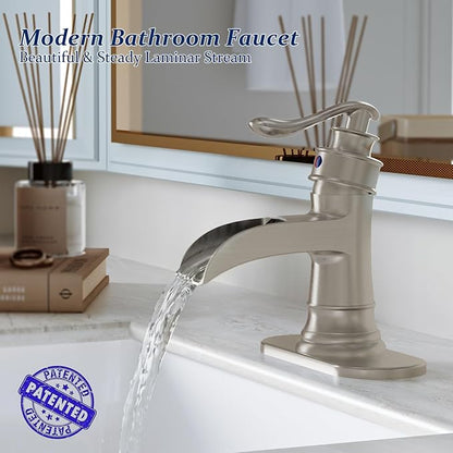 BWE Bathroom Faucet Brushed Nickel Waterfall Single Hole Matching Pop Up Drain Stopper Handle Sink Faucets Bath Vanity Lavatory Vessel Commercial Satin with Water Supply Hose