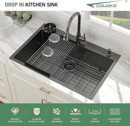 33x22 Black Drop In Kitchen Sink with Faucet Combo16 Gauge Stainless Steel Single Bowl Kitchen Sink Large Deep Round Corner Handmade Topmount Overmount Basin Kitchen Sinks