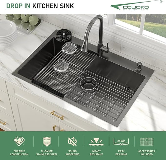 33x22 Black Drop In Kitchen Sink with Faucet Combo16 Gauge Stainless Steel Single Bowl Kitchen Sink Large Deep Round Corner Handmade Topmount Overmount Basin Kitchen Sinks