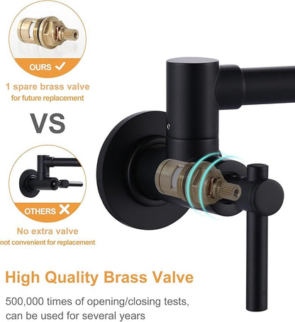 Pot Filler Faucet Wall Mount, Folding Kitchen Faucet with Double Joint Swing Arm, Single Hole Stretchable Brass Faucet with 2 Handles, Black Pot Filler Above Stove