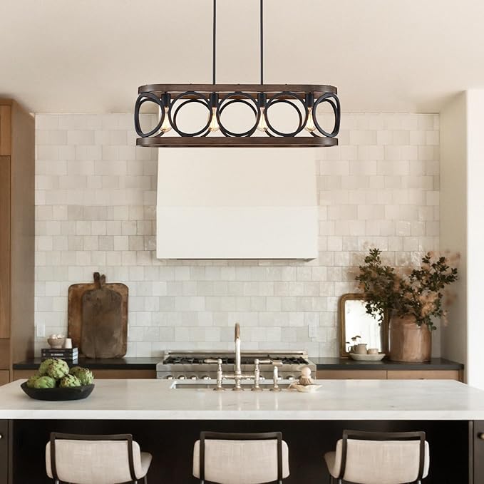 XINGQI 32.7" Kitchen Island Chandeliers Over Table Black Rectangular Linear Pendant Lighting Fixtures Farmhouse 4-Light Wood Grain Finish for Dining Room Living Room Bar Office Coffee Shop