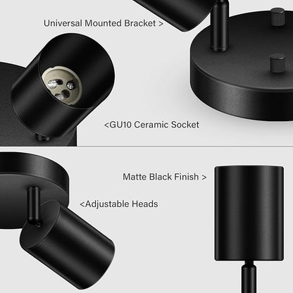 BoostArea LED 2 Light Track Lighting Kit, LED Track Lighting Fixtures, Black Round Ceiling Spot Lighting, Flexibly Rotatable Light Head for Kitchen, Living Room, Bedroom, GU10 Bulb Not Included