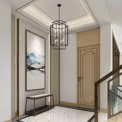 8-Lights Tiered Lantern Pendant Light, Black and Gold Farmhouse Chandelier, Industrial Large Chandeliers for High Ceiling, Modern Foyer Lighting Fixture, for Living Room Entryway Staircase