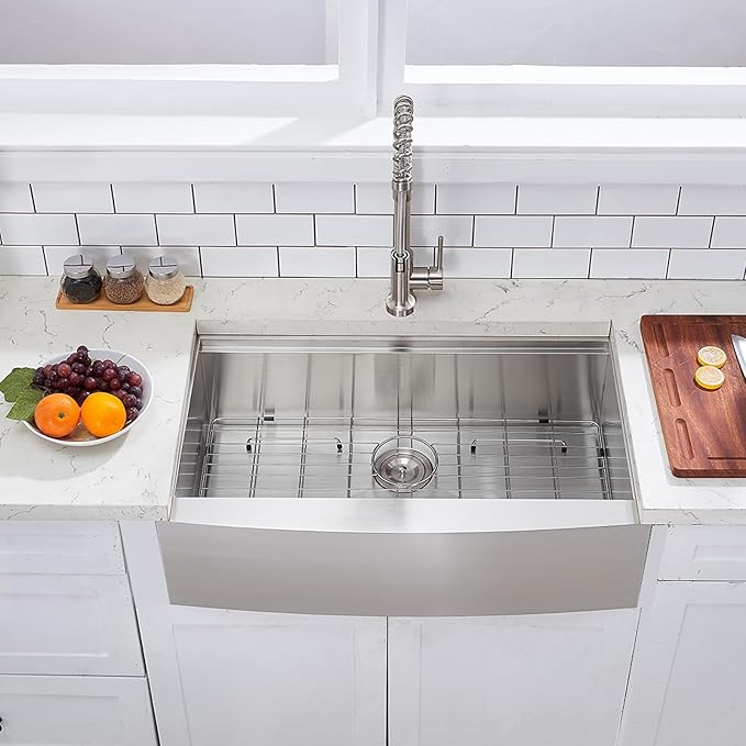 VAPSINT 33 Inch Farmhouse Kitchen Sink, 33x20x9 Inches Stainless Steel Undermount 16 Gauge Deep Single Bowl Apron Front Workstation Ledge Farm Sink with Accessories