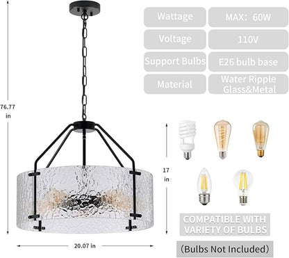 Glass Drum Chandelier for Dining Room 20'' Entryway Light Fixture 5-Light Kitchen Chandeliers Over Table Bedroom Light Fixture for Living Room Hallway Foyer Kitchen