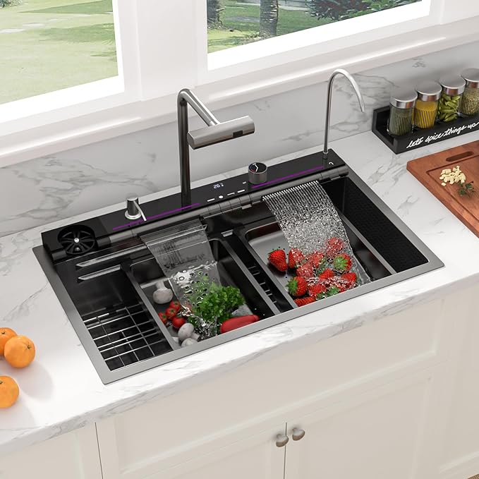 Sarlai Waterfall Kitchen Sink - 30 Inch Black Drop In Workstation Sink With Waterfall 33x19 Inch Black Stainless Steel 16 Gauge Multifunction Single Bowl Top Mount Kitchen Sinks with HoneyComb Finish